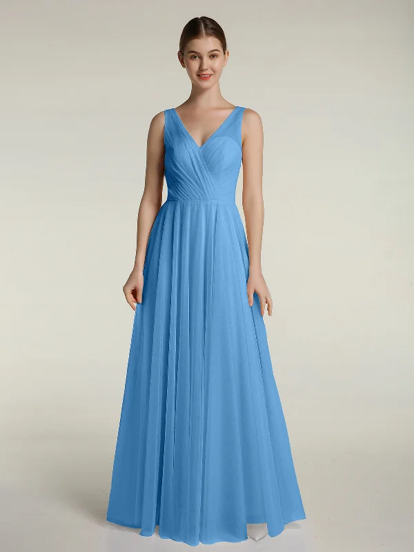 Illusion V-neck Tulle Long Dresses-Blue Tunics Custom made