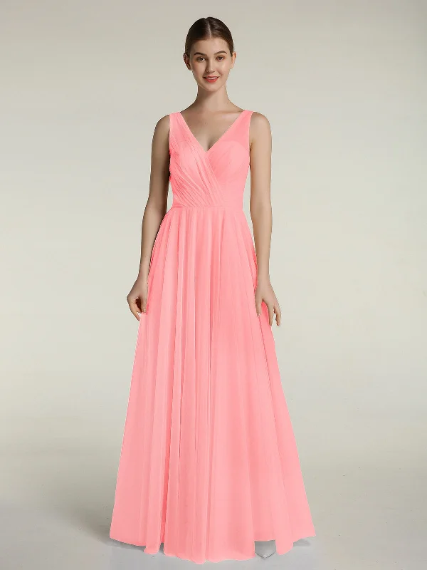 Illusion V-neck Tulle Long Dresses-Flamingo Tunics Fleece cozy