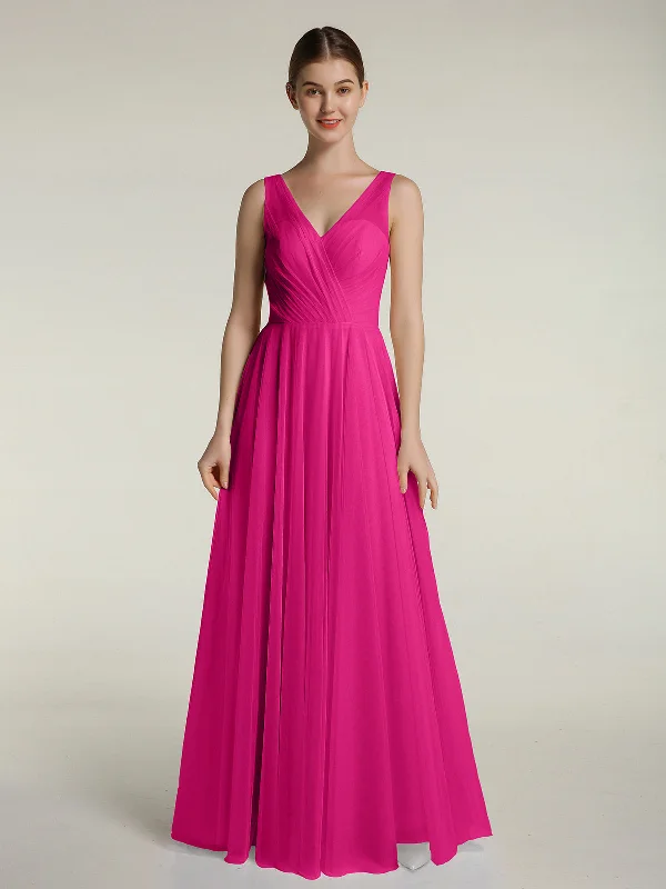 Illusion V-neck Tulle Long Dresses-Fuchsia Tunics Long Elegant