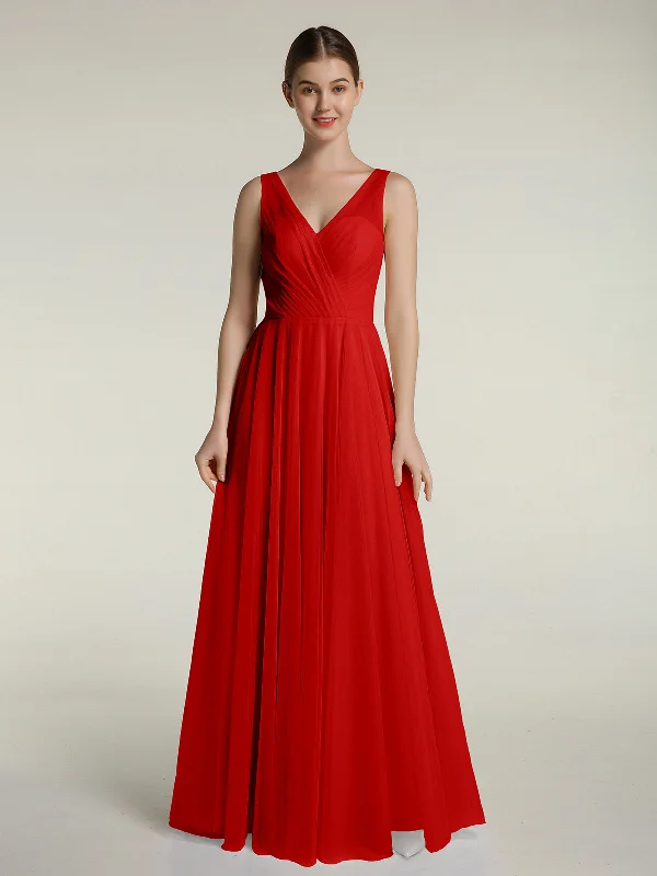Illusion V-neck Tulle Long Dresses-Red Tunics Custom made