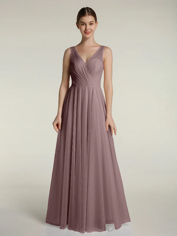 Illusion V-neck Tulle Long Dresses-Vintage Mauve Tunics Wedding white