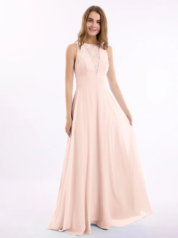 Lace Deep V-neck and Back Chiffon Long Dresses-Pearl Pink Tunics Chic fashionable