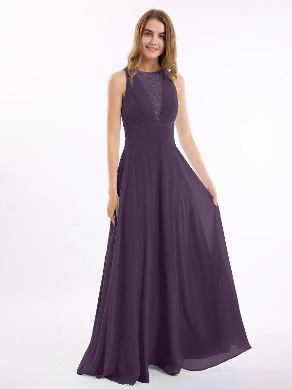 Lace Deep V-neck and Back Chiffon Long Dresses-Plum Tunics Travel practical
