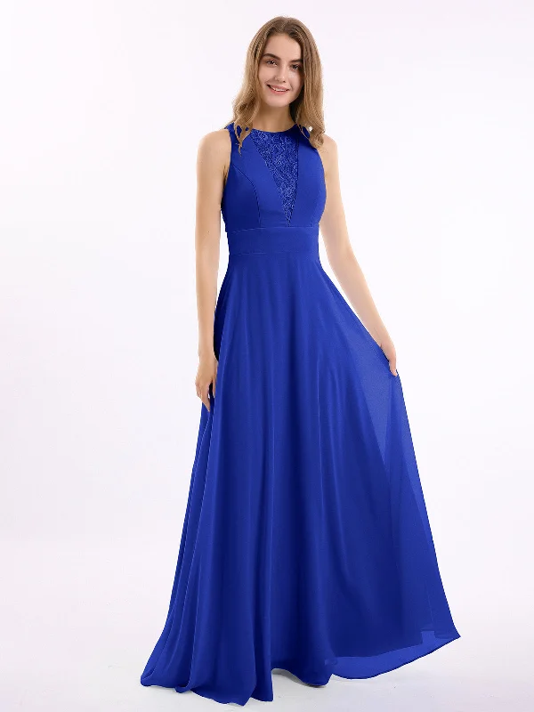 Lace Deep V-neck and Back Chiffon Long Dresses-Royal Blue Tunics Top rated