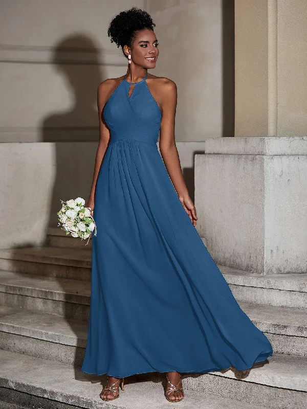 Halter Chiffon Long Dresses for Bridesmaids-Ink Blue Tunics Leisure comfortable