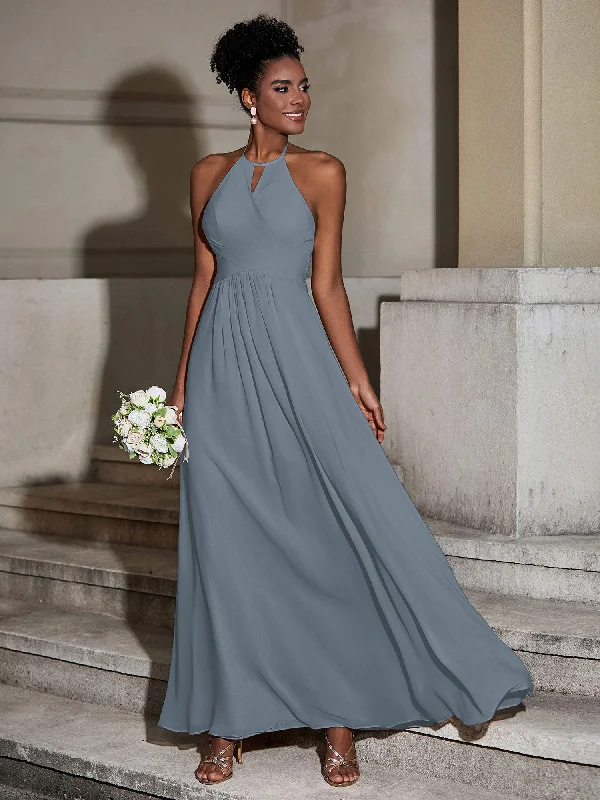 Halter Chiffon Long Dresses for Bridesmaids-Slate Blue Tunics Canvas sturdy