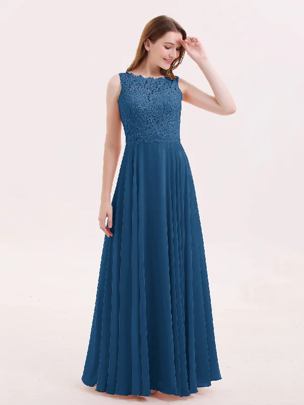 Lace Bodice Chiffon Skirt Long Dress-Ink Blue Tunics Bestseller popular