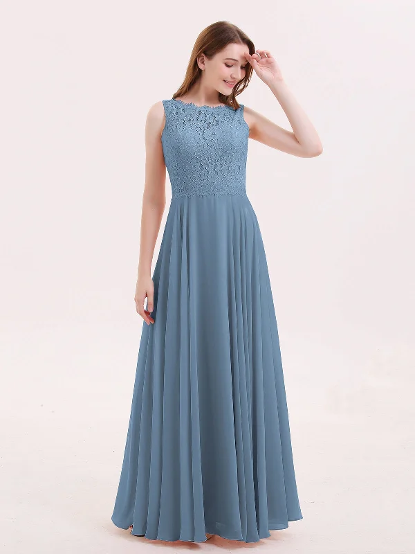 Lace Bodice Chiffon Skirt Long Dress-Slate Blue Tunics Spring floral