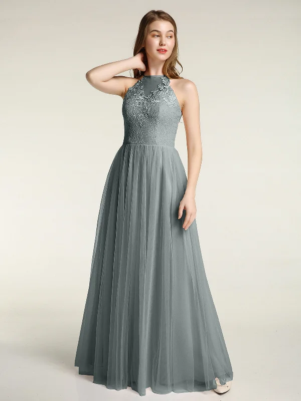 Lace Bodice and Tulle Skirt Long Dresses-Steel Grey Tunics Luxurious high-end