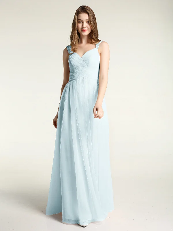 Cross-Pleated Tulle Long Dresses with Beaded Straps Mist A-Line Day Work