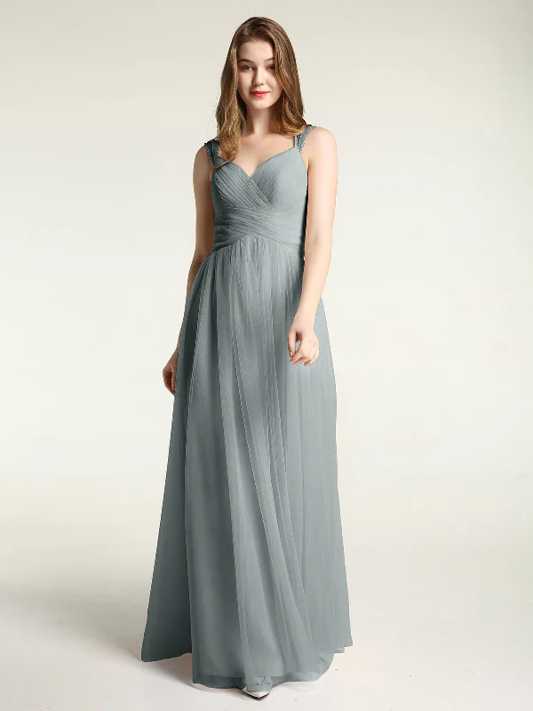 Cross-Pleated Tulle Long Dresses with Beaded Straps Steel Grey Tunics Summer linen
