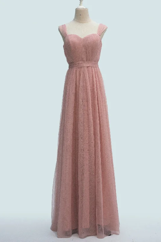 Blushing Pink A-line Sheer Strap Pleated Waistband Long Bridesmaid Dress Tunics Practical durable