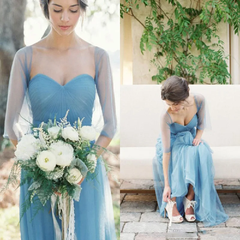 Long Elegant Pleated Strapless Sweetheart Tulle Shawl Blue Simple Style Wedding Party Bridesmaid Dress, AB1166 Trendy Chunky Knit Shawl