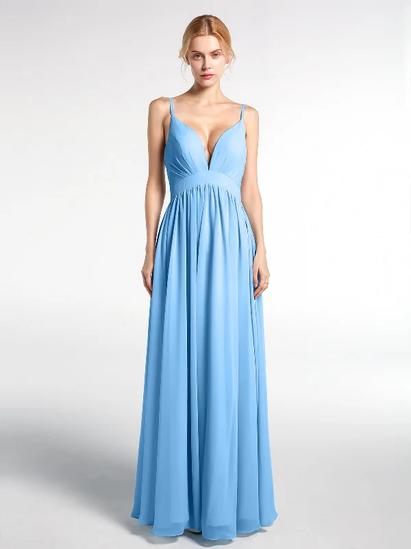 Deep V-neck Empire Waist Chiffon Long Dress-Blue Tunics Gym athletic