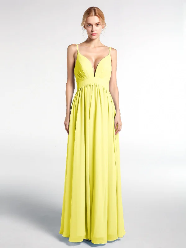 Deep V-neck Empire Waist Chiffon Long Dress-Lemon Maxi Flowy Bohemian