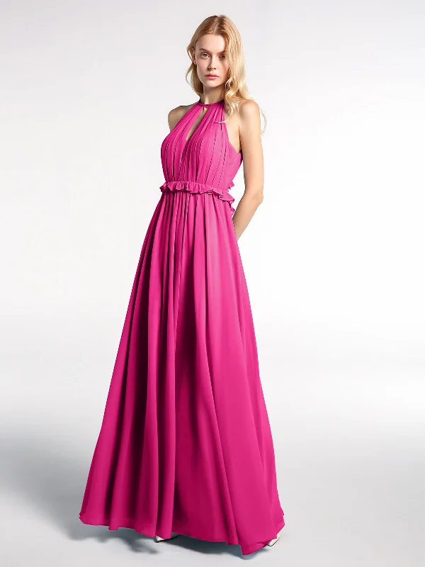 Keyhole Neckline Open Back Chiffon Max Long Dress Fuchsia Tunics Brand named