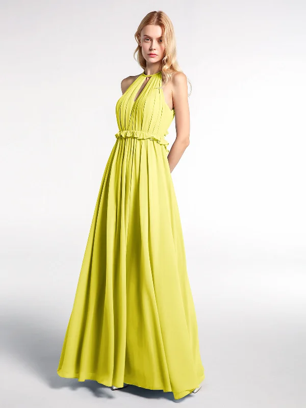 Keyhole Neckline Open Back Chiffon Max Long Dress Lemon Tunics Fall fleece