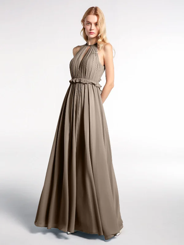 Keyhole Neckline Open Back Chiffon Max Long Dress Taupe Tunics Essential wardrobe
