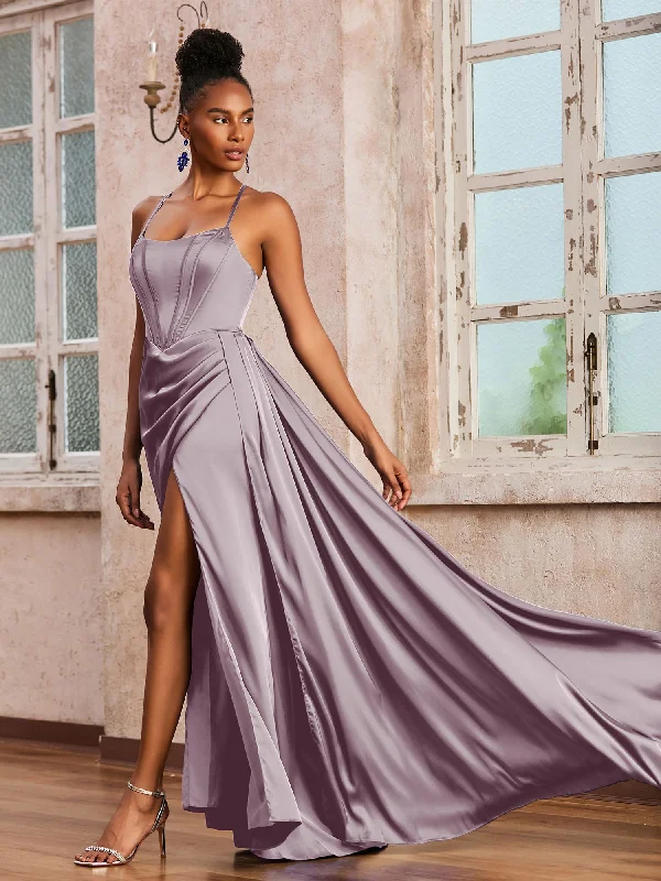 Spaghetti Straps Ruched Long Dress With Ribbons Dusk Tunics Occasion special