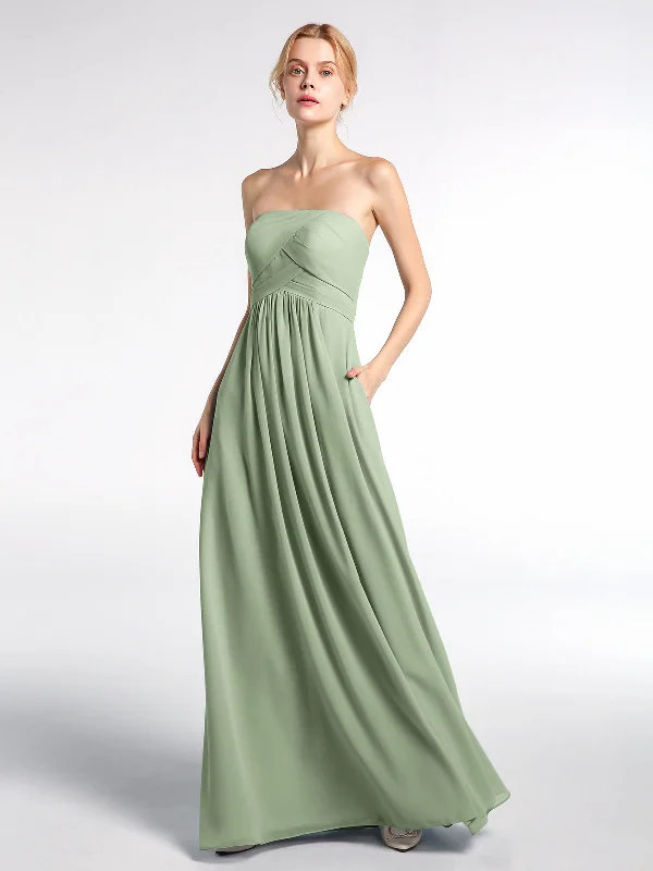 Strapless Chiffon Empire Waist Dress with Pockets-Dusty Sage Tunics Ceremony elegant