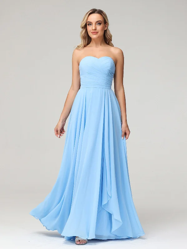 Strapless Sweetheart Neck Chiffon Long Dresses-Blue Tunics Bestseller popular