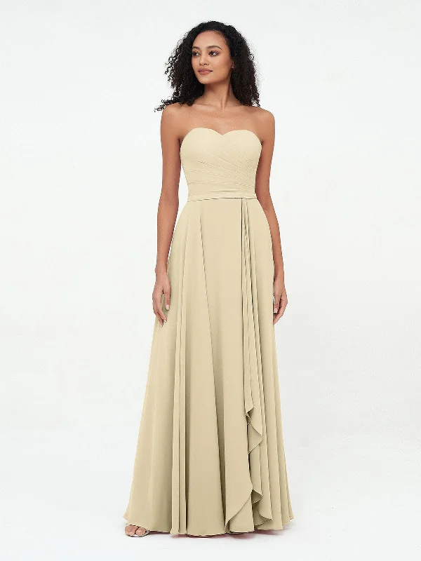 Strapless Sweetheart Neck Chiffon Long Dresses-Champagne Square Neckline Feminine