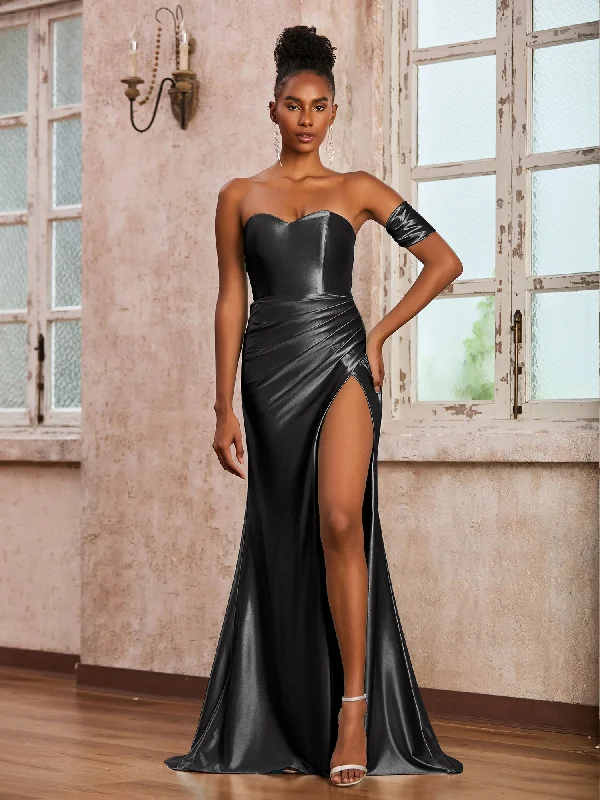 Sweetheart Strapless Long Dress With Sweep Train Black Tunics Office stylish