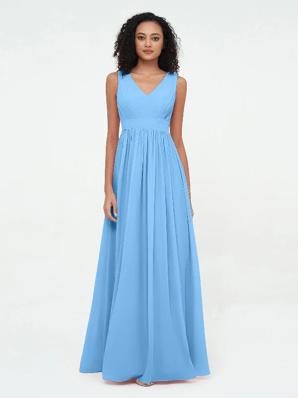 V neck Chiffon Long Dresses with Open Back Blue Tunics Top rated