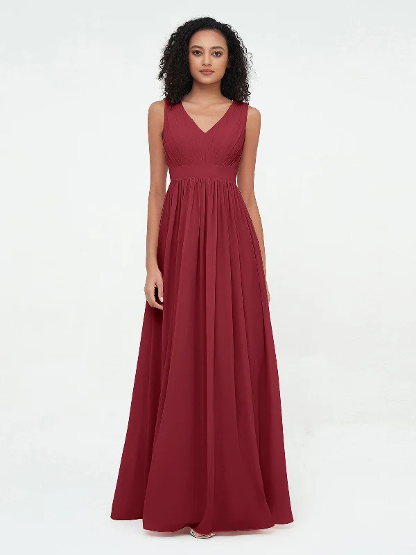 V neck Chiffon Long Dresses with Open Back Burgundy Tunics Travel practical
