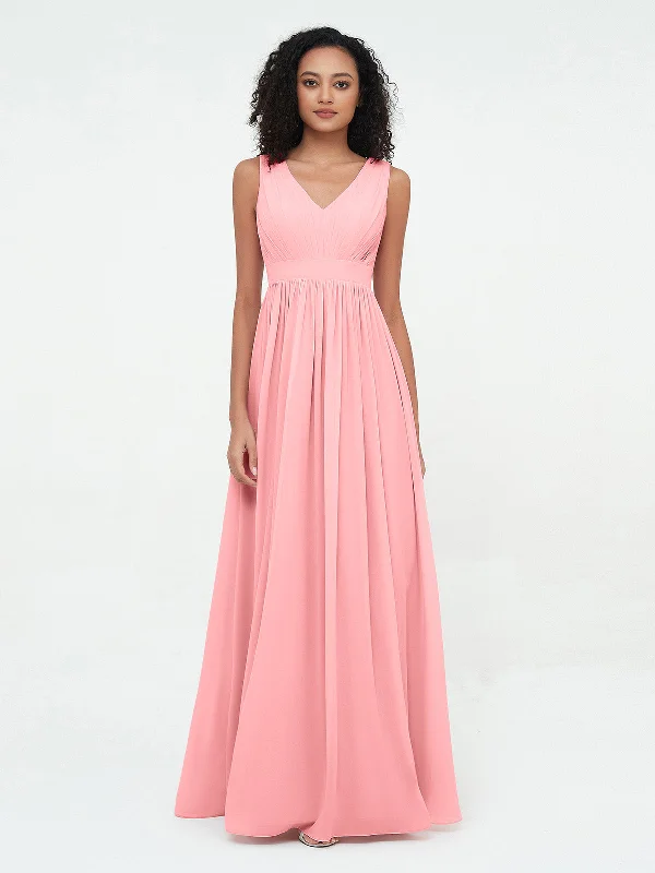 V neck Chiffon Long Dresses with Open Back Flamingo Tunics Trousers formal