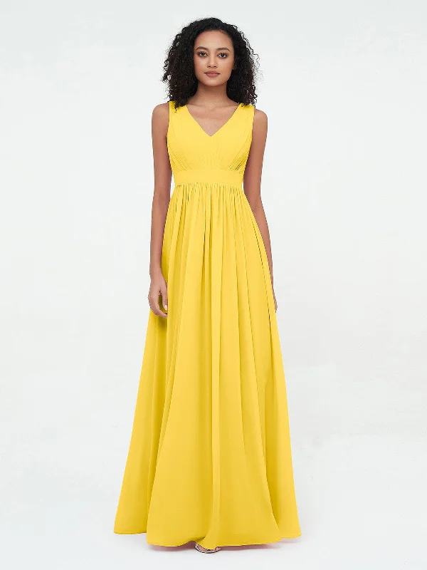 V neck Chiffon Long Dresses with Open Back Marigold Tunics Chinos classic