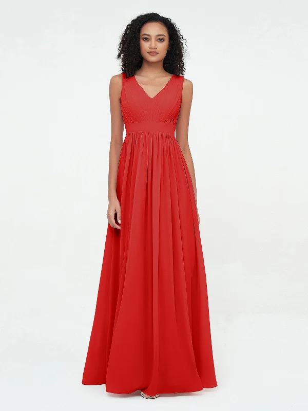 V neck Chiffon Long Dresses with Open Back Red Tunics Top rated