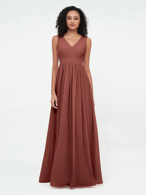 V neck Chiffon Long Dresses with Open Back Terracotta Tunics Sophisticated sleek