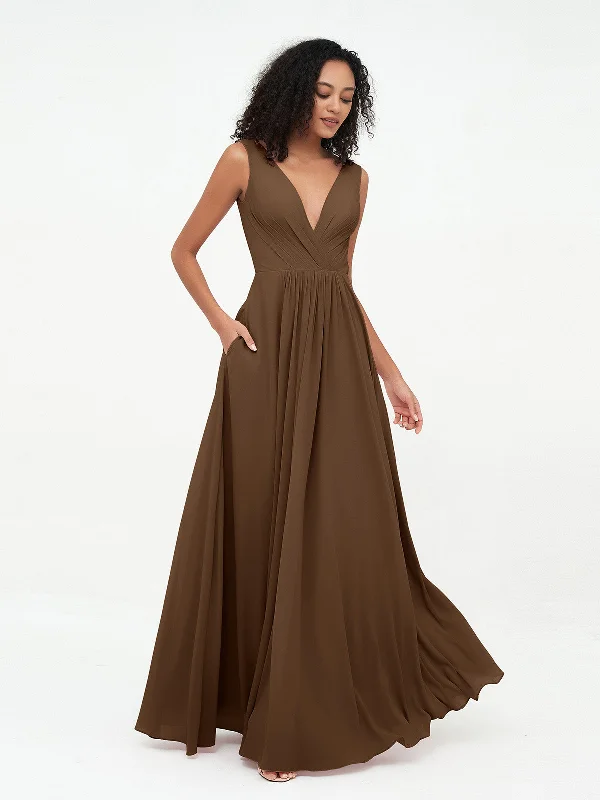 V-neck Chiffon Long Dresses with Pocktes-Brown Tunics Top rated