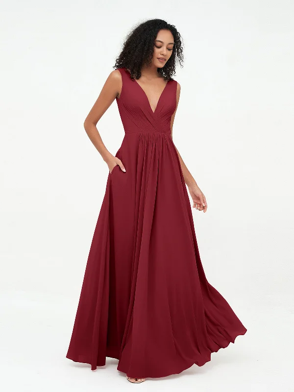 V-neck Chiffon Long Dresses with Pocktes-Burgundy Tunics Vintage classic
