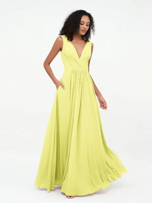 V-neck Chiffon Long Dresses with Pocktes-Daffodil Tunics Satin smooth