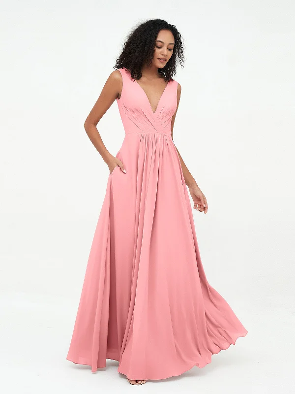 V-neck Chiffon Long Dresses with Pocktes-Flamingo Tunics Seasonal trendy