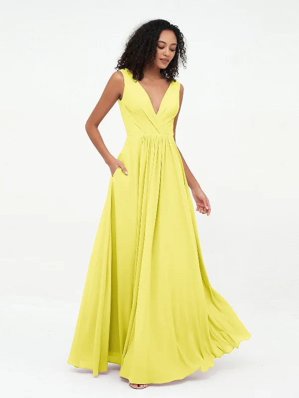 V-neck Chiffon Long Dresses with Pocktes-Lemon Tunics Yoga stretchy