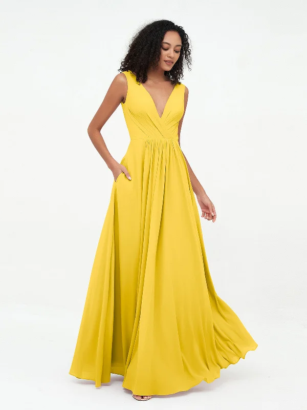 V-neck Chiffon Long Dresses with Pocktes-Marigold Tunics Winter warm
