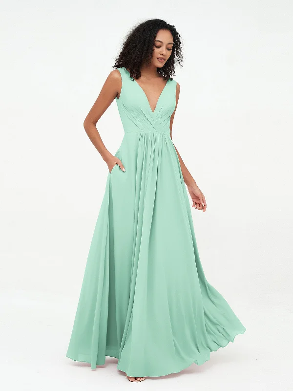 V-neck Chiffon Long Dresses with Pocktes-Mint Green Casual Short Summer