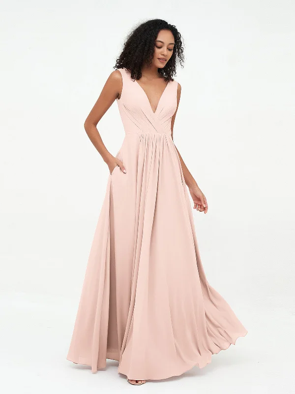 V-neck Chiffon Long Dresses with Pocktes-Pearl Pink Tunics Timeless classic
