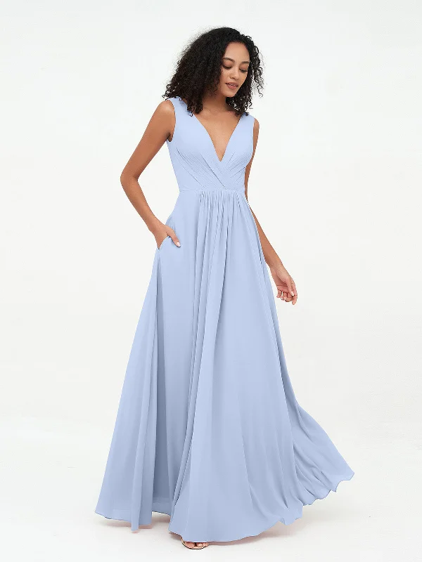 V-neck Chiffon Long Dresses with Pocktes-Sky Blue Tunics Vintage classic