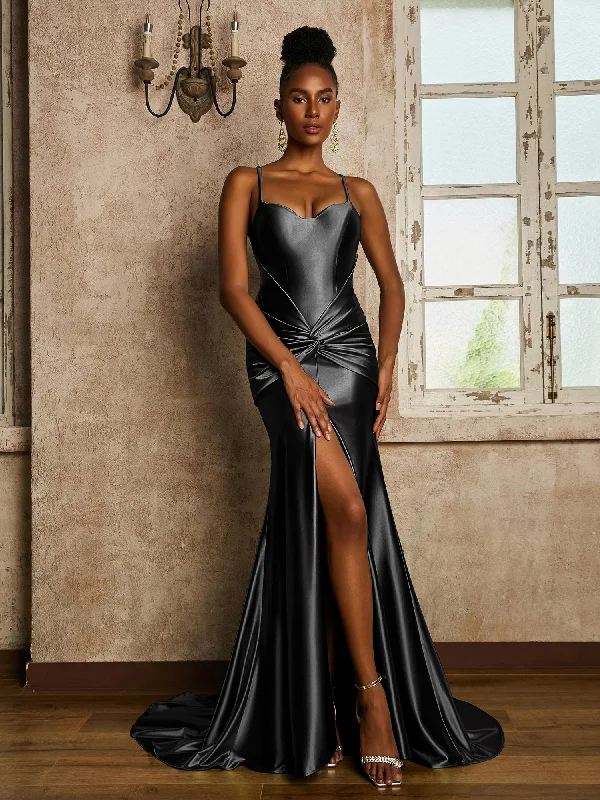 Waist Pleated Mermaid Stretch Satin Dress Black Tunics Exclusive limited