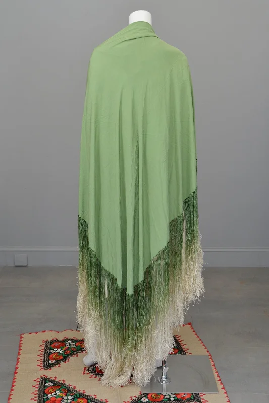 1920s Avocado Green Ombré Fringe Shawl Elegant Silk Shawl Wrap