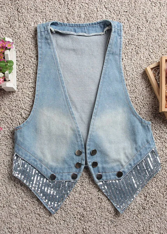 Art Light Blue V Neck Patchwork Button Denim Waistcoat Fall Classic Wool Waistcoat Vest Art Light Blue V Neck Patchwork Button Denim Waistcoat Fall Classic Wool Waistcoat Vest