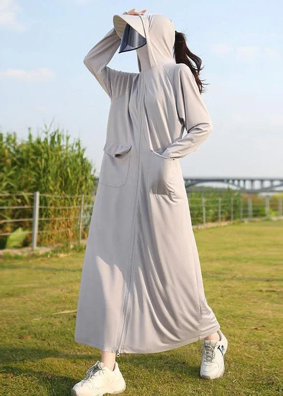 Beautiful Grey Hooded Pockets Zippered Patchwork Long Ice Silk UPF 50+ Coat Summer Zip Front Button Front Snap Front Beautiful Grey Hooded Pockets Zippered Patchwork Long Ice Silk UPF 50+ Coat Summer Zip Front Button Front Snap Front