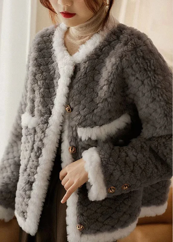 Beautiful Grey O Neck Pockets Patchwork Wool Coat Winter Suede Faux Fur Shearling