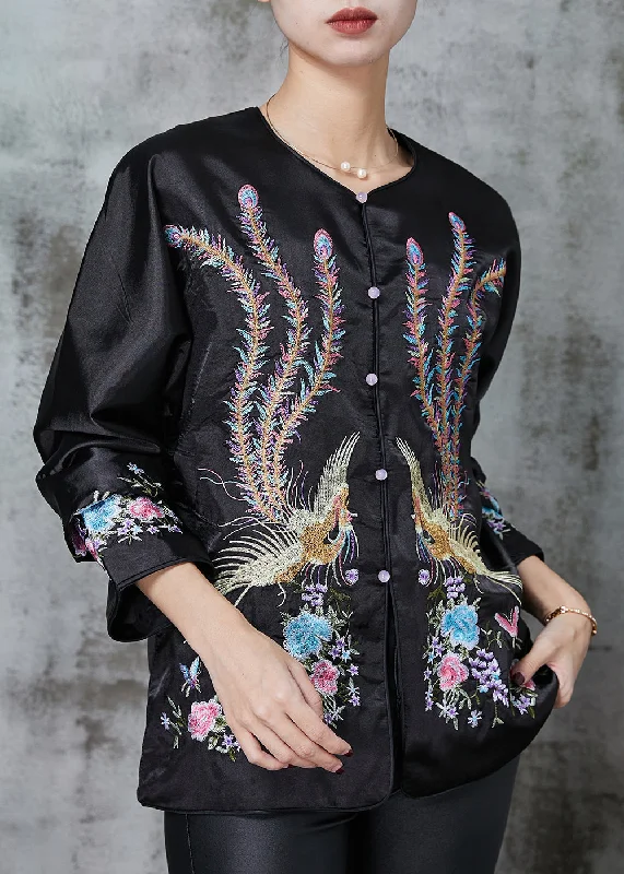 Black Chinese Style Silk Coat Embroidered Spring Tailored Straight A-Line