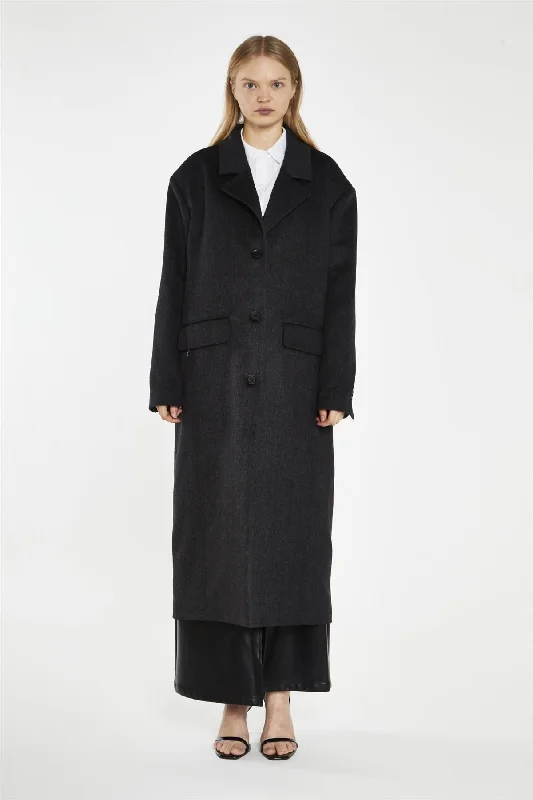 Black Herringbone Oversized Longline-Coat Parka Anorak Hoodie