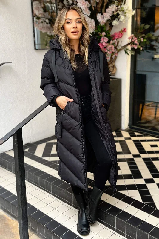 Black Hooded Puffer Coat with Zip Front Pockets Trim Padded Insulated